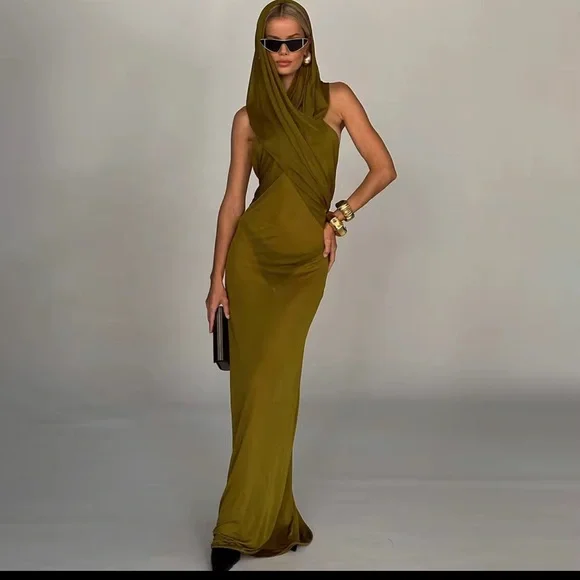 KOIR Olive Draped Hooded Maxi Dress | Inspired by saint Laurent / Cult Gaia - Picture 8 of 16